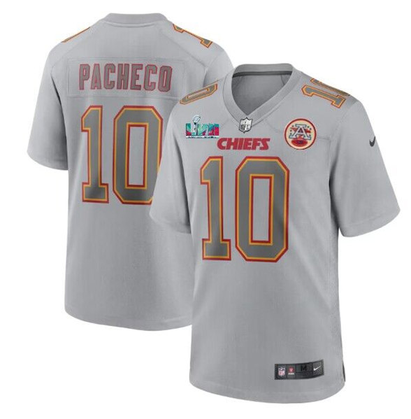 Men’s Kansas City Chiefs #10 Isiah Pacheco Gray With Left A Patch Right Super Bowl LVII Patch Atmosphere Fashion Stitched Game Jersey
